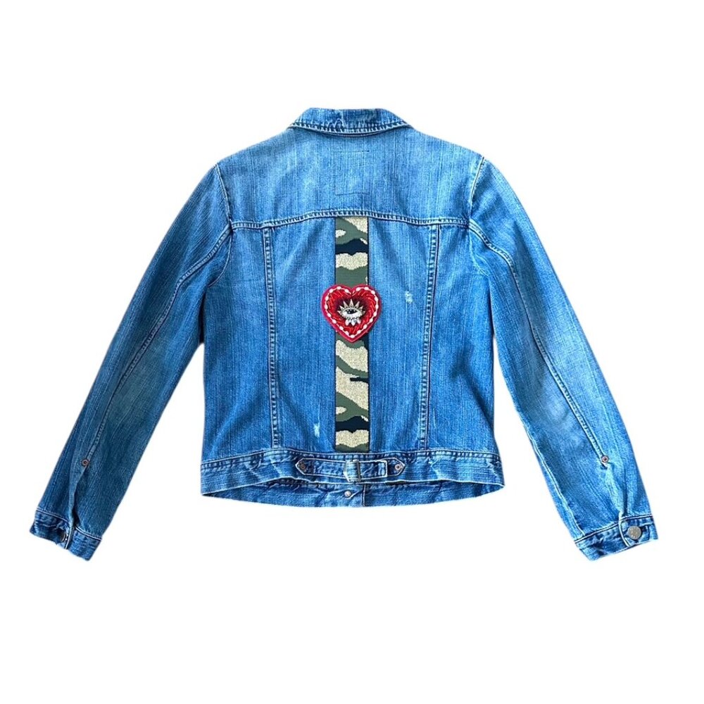 J Crew Distressed Denim Jean Jacket Custom Upcycled Beaded Wearable Art - Size S